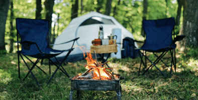 A campfire surrounded by accessories.