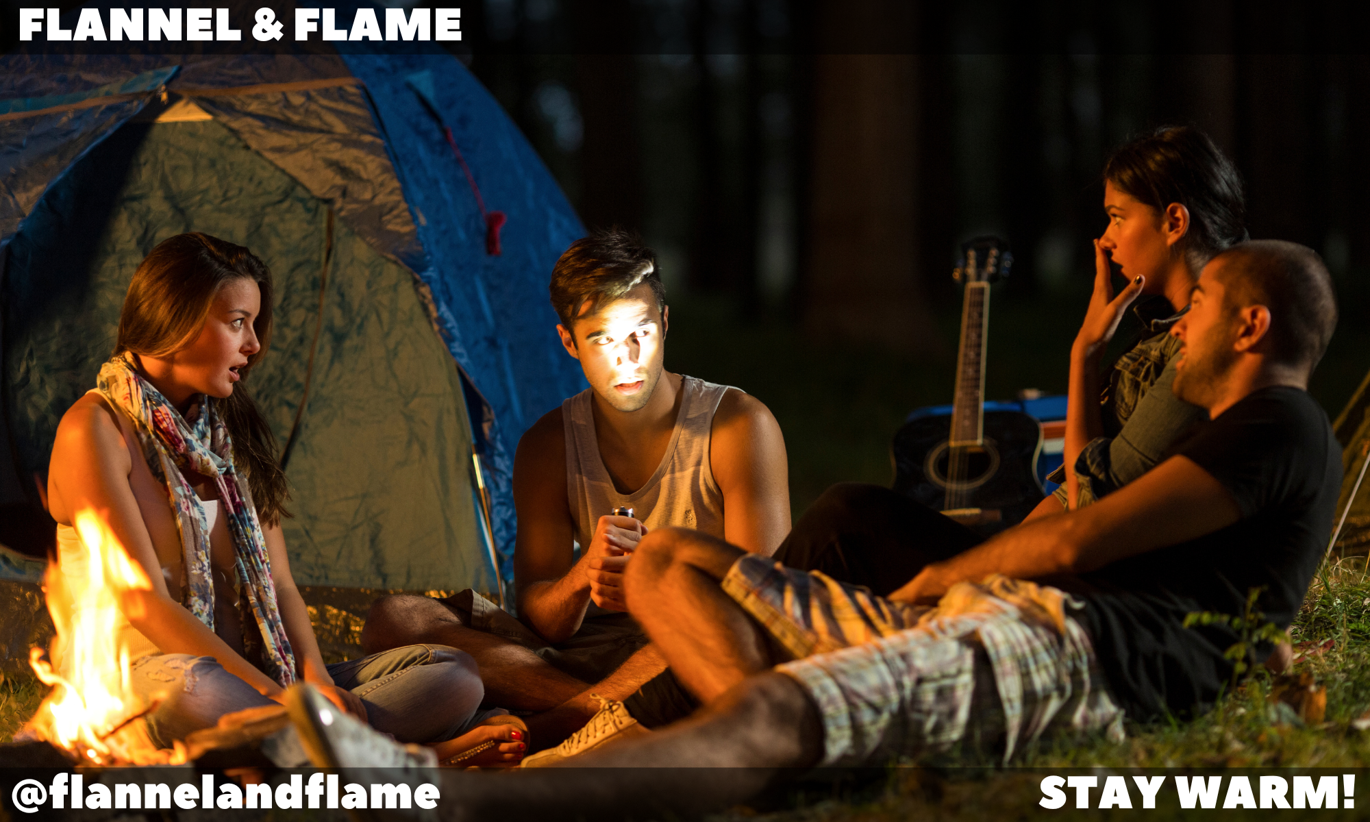 Friends telling ghost stories around the campfire